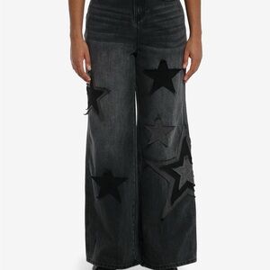 Hot Topic Black Wash Star Patch Wide Leg Jeans